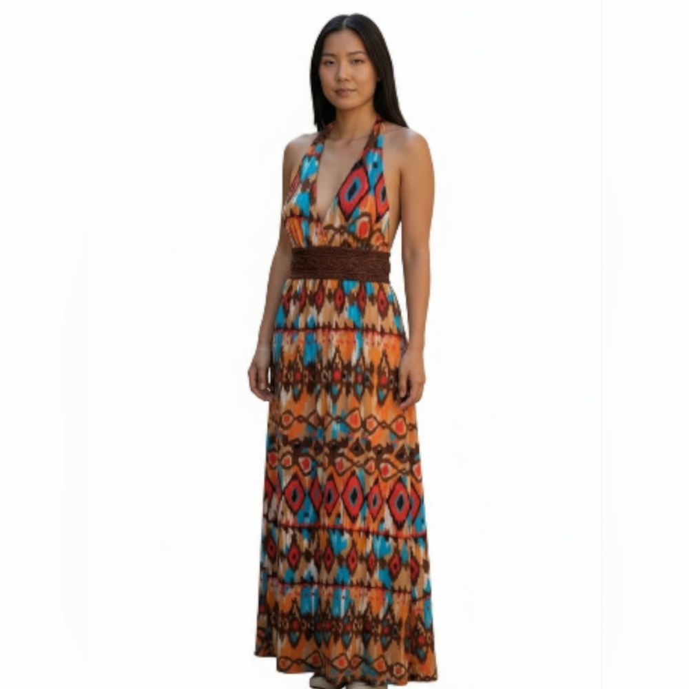 Sequin Hearts BOHO print halter‎ maxi dress